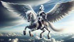 شوالیه مرد با شنل نقره ای و سوار بر اسب سفید بالدار