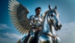 شوالیه مرد با لباس نقره ای و سوار بر اسب سفید بالدار