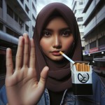 تصویر واقعی از یک دختر با حجاب در حال پرهیز از سیگار کشیدن