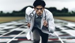 پزشکی که روپوش سفید به تن دارد و دارد در مسیر مسابقه دوندگی می دود. گوشی پزشکی هم روی گردنش دارد