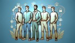 یک تیم رو نشون بده که همشون در حوزه دیجیتال مارکتینگ و چهار مرد کنار هم ایستادن و تصویر دو بعدی باشه و حالت گرافیکی انگار با قلم نوری طراحی شده میخوام