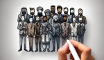 یک تیم رو نشون بده که چند مرد کنار هم ایستادن و تصویر دو بعدی باشه و حالت گرافیکی انگار با قلم نوری طراحی شده میخوام
