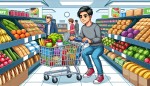 یک تصویر کارتونی یک پسربچه در حال خرید از یک سوپر را بکش