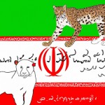یک عکس از یوزپلنگ ایرانی که لباس تیم ملی فوتبال ایران رو پوشیده و در بالای قله دماوند هست و یک سرباز ژاپنی زیر پای یوزپلنگ است.