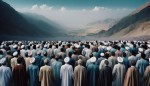 از زاویه پشت ، صد ها نفر از مردان و زنان با حجاب با استایل ایرانی مردان با پیراهن و شلوار و سوئیشرت در یک دشت بزرگ که به آسمان نگاه میکنند.