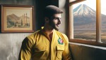یک مرد با لباس زرد و آرم PW اسرای ایرانی جنگ ایران و عراق،در اتاقی شبیه زندان بدون ریش و با موی کوتاه که به بیرون پنجره نگاه می کند و از بیرون قله دماوند را می بیند و خوشحال است