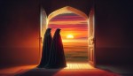 زنان مسلمان چادری مشکی ایرانی از نمای پشت در یک زمین بزرگ در حال نگاه کردن به طلوع خورشید