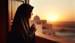 زن مسلمان چادر مشکی از نمای پشت در یک زمین بزرگ در حال نگاه کردن به طلوع خورشید