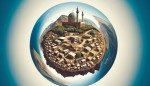 تصویر نمای بیرون کره زمین که بشکل اقراق شده یک دهکده از آن بیرون زده باشد و فانتزی مناسب کودکان از یک دهکده ایرانی سنتی به همراه یک مدرسه در محوریت که روش نوشته باشه دناپ و یک مسجد در حاشیه آن