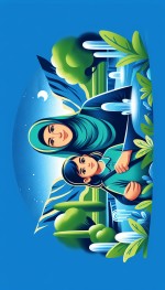 خانم محجبه چادری که مربی تربیتی هم هست و فرزندان یتیم دختر و پسر کنار او هستند و در فضای سبز قرار دارند ، آسمان آبی و زیبا کنار چشمه های قشنگ هستند .