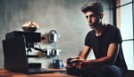 عکس پروفایلی یک پسر طراح و باریستا، با مو های کوتاه و لباس مشکی، نژاد ایرانی در حال گیم زدن