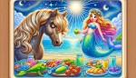 یک اسب مشغول صبحانه خوردن با پری دریایی