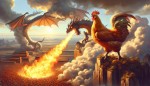 A Chicken dragon with big legs and feet is riding on a Mythical Monster Dragon with a huge fire coming out from his mouth depicts the message in the sky of China: "APED.global"
