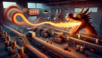 Chicken Feet processing factory and related machinery with a big dragon with fire from his mouth with a message of: "HapPy NeW LuNaR YeaR 2024"