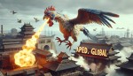 A Chicken dragon with big legs and feet is riding on a mythological Dragon and a huge fire coming out from his mouth depicts the message: "APED.global" in the sky of China Customs and Economic.