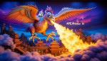 A dragon Chicken with big legs and feet is riding on a mythological Dragon and a huge fire coming out from his mouth depicts the message: "APED.global" in the sky of China like a beautiful fire in paradise.