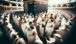 مسلمانان با ریش کمی بلند و لباس تمیز عربی در حال طواف کعبه. فوکوس تصویر روی کعبه و محیط اطراف باشه و انسان ها یه ذره تار بشن