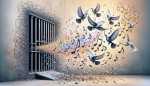 تعدادی نوت موسیقی که میله های زندان را شکسته و در حال پرواز و تبدیل شدن به کبوتر هستند.