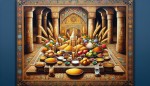 نقاشی رنگ روغن از سفره هفت سین در فضای بناهای قدیمی ایرانی