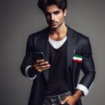مرد بسیار شیک و با کلاس که گوشی خود را دست گرفته و در جیبش پرچم ایران است