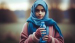 یه دختر محجبه با روسری آبی و مانتو صورتی به همراه کیف آبر