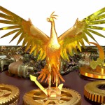 یک ققنوس طلایی در حالیکه بالهای خود را گشوده است بر روی سکه های طلا ایستاده است . در پشت سر این ققنوس ابزار آلات صنعتی ، ماشین آلات و کامپیوتر های عظیم وجود دارد .