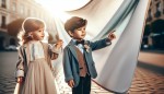 یک دختربچه و یک پسربچه زیبا با لباس های زیبا که به یک بنر تبلیغاتی بزرگ خالی اشاره می کنند