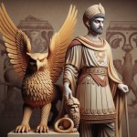 کوروش بزرگ که لباس اشرافی پوشیده است و یک (Griffin) در کنار او است (سه بعدی با استفاده از رنگ های اشرافی)
