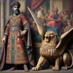 کوروش بزرگ که لباس اشرافی پوشیده است و یک Griffin در کنار او است (سه بعدی با استفاده از رنگ های اشرافی)