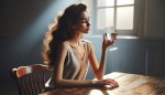 یک خانم زیبا در حال نوشیدن اب