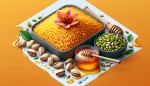 یک لوگو جذاب شامل برنج زعفران عسل و پسته برای پخش بهمنی