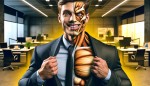 یک تصویر از یک فروشنده حرفه ای می‌خوام که نیمی از بدن این فرد بدن معمولی خودش و نیم دیگر این بدن این فرد یک بدن عضلانی که عضلاتش لباسش رو پاره کرده و لبخند به لب داره و موهاش هم مشخصه . تم و بک گراند با رنگ زرد در یک محیط اداری فروش طراحی بشه