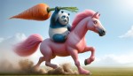 پاندای آبی سوار بر اسب صورتی در دستش هویج باشه