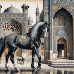 یک اسب که کنار یک ساختمان با المان های ایرانی است
