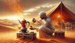 فردی عربی در حال ریختن چای زعفران در کنار 
  منقل در جلوی چادر عربی در صحرا