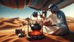 فردی عربی در حال ریختن چای زعفران در کنار 
در صحرا منقل در جلوی  چادر عربی
