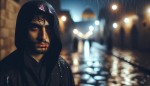 مردی با شنل سیاه در شبی بارانی با صورتی خونی