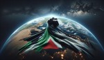 کره زمین در فضا، پرچم فلسطین به صورت پارچه بزرگ و افتاده بر روی کره زمین، کره زمین پوشیده شده با پرچم فلسطین، دست مشت کرده روی زمین