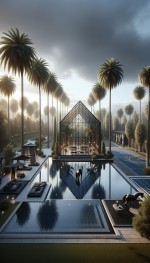 گلخانه سقف دودی مشکی هرمی شکل مثلثی زیبا ساده مدرن در وسط استخر سبک رومی با ستون تعداد کمی نخل جوی آب اطراف فنس سبز زمین تنیس و بسکتبال آلاچیق رومی مبل صندلی رنگها تیره و مشکی چند مجسمه اسب زیبا. ساده