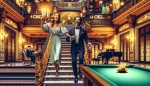 دختری زیبا با یک شمع در دست در راه رو و پله های هتل بزرگ زیبا به همراه مرد خوش تیپ در حال حرکت و خنده  هتل کالیفرنیا و پیش خدمتتان که خوش آمد می‌گویند میز بیلیارد پیانو فرش دکور چوبی زیبا راه پله زیبا