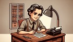 Portrait of a young George Orwell with the text "Cold War" being written by him.
