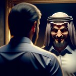 مردی مسلمان و مغرور در مقابل آینه است که تصویر شیطانی این مرد در آینه دیده می شود