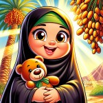دختر تمام قد 9 ساله تپل با چادر مشکی اسلامی و روسری سبز که در دست آن یک عروسک خرسی نارنجی قرار دارد و دختر در حال خندیدن است. پشت آن یک نخل تمام قد قرار دارد که نور خورشید به آن تابیده است. و روی آن کمی خرما است.