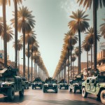 چند ماشین شاسی بلند در یک خیابان در بغداد که در حال تردد هستند. در خیابان نخل های زیادی وجود دارد.