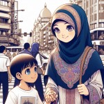 تصویر کلوز انیمه دست یک دختر با حجاب و پسر کوچک در خیابان که دست هم را گرفته اند.