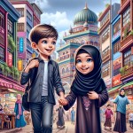 تصویر کلوزآپ دست دختر  9 ساله با چادر مشکی اسلامی که دست برادر کوچک خود را گرفته است تا در خیابان راه بروند.