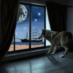 یک گرگ با کت شلوار در کنار پنجره، از پنجره یک کشتی در کویر معلوم است و آسمان پر از ستاره است.