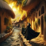 A happy Iranian girl with a black cloak in the alley of beautiful gardens with straw walls and trees hanging from the wall, and next to it is a flowing river with beautiful sunlight.