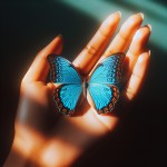 یک پروانه آبی رنگ روی یک دست نورانی