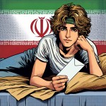 تصویری کمیک بوک از یک نوجوان ایرانی حدودا 14 ساله با موهایی فر و طلایی رنگ و چشمانی قهوه ای که بر روی تخت اش دراز کشیده و او را از نمای بالا میبینیم که در دستش نامه ای قرار دارد که لوگوی عقابی به همراه پرچم ایران است